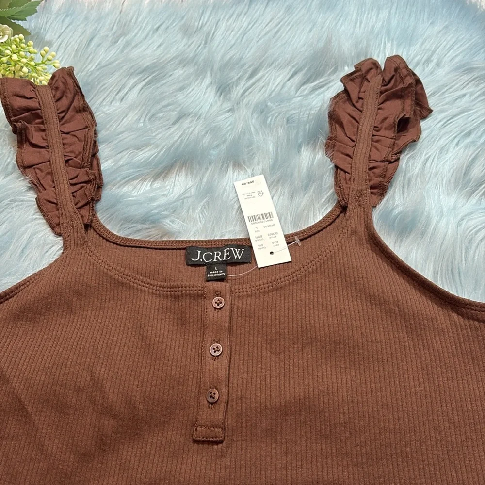 J. Crew Brown Ruffled Strap Ribbed Tank Top - Picture 3 of 9